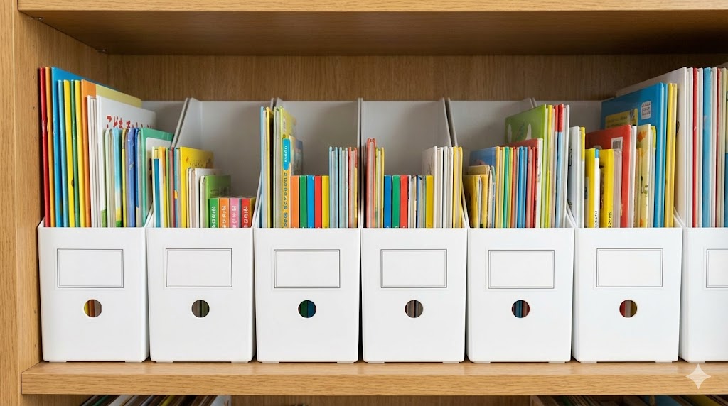 ダイソーのファイルボックスで絵本を年度別に管理